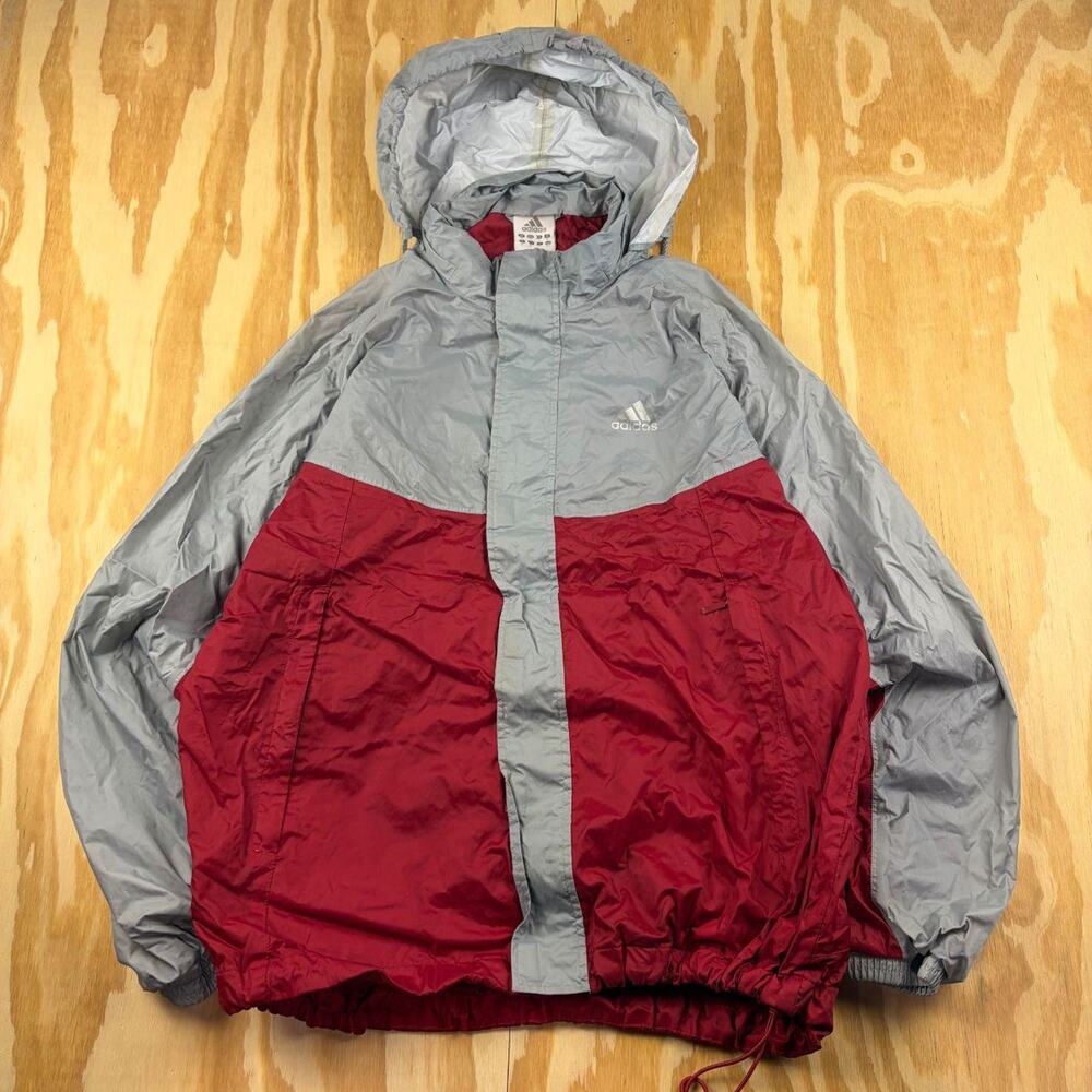 Vintage Y2K Adidas Windbreaker Jacket – Red/Grey – Stowaway Hood – Men’s M